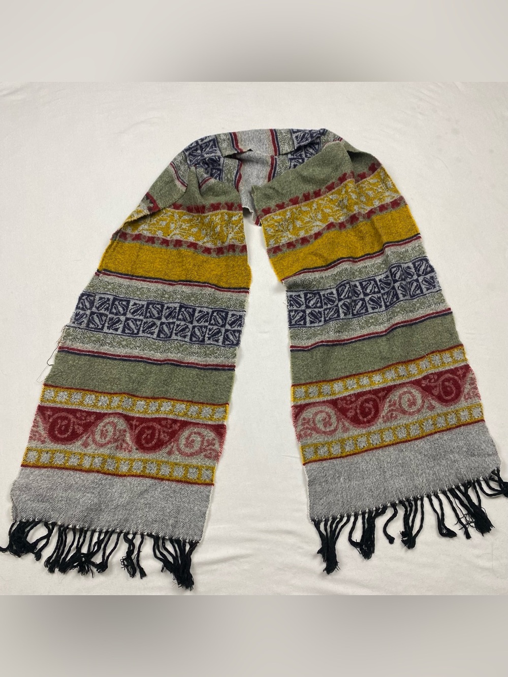 Striped Pattern Fringe Scarf in Green, Mustard & Red